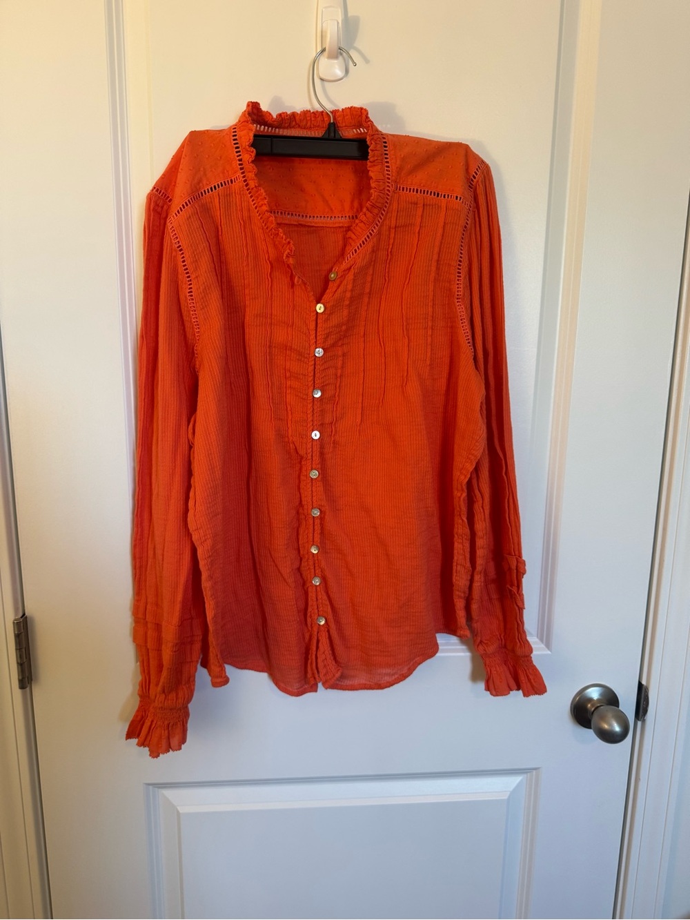 Faherty Orange Ruffled Collar Button-Down Blouse